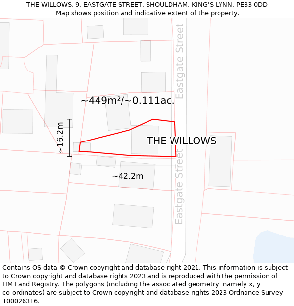 THE WILLOWS, 9, EASTGATE STREET, SHOULDHAM, KING'S LYNN, PE33 0DD: Plot and title map