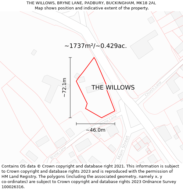 THE WILLOWS, BRYNE LANE, PADBURY, BUCKINGHAM, MK18 2AL: Plot and title map