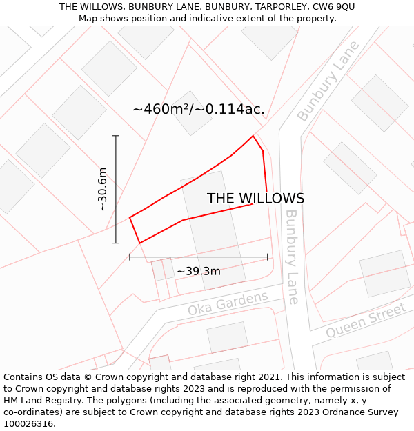 THE WILLOWS, BUNBURY LANE, BUNBURY, TARPORLEY, CW6 9QU: Plot and title map