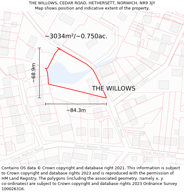 THE WILLOWS, CEDAR ROAD, HETHERSETT, NORWICH, NR9 3JY: Plot and title map