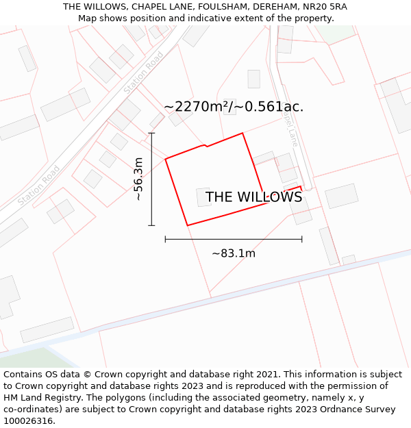 THE WILLOWS, CHAPEL LANE, FOULSHAM, DEREHAM, NR20 5RA: Plot and title map