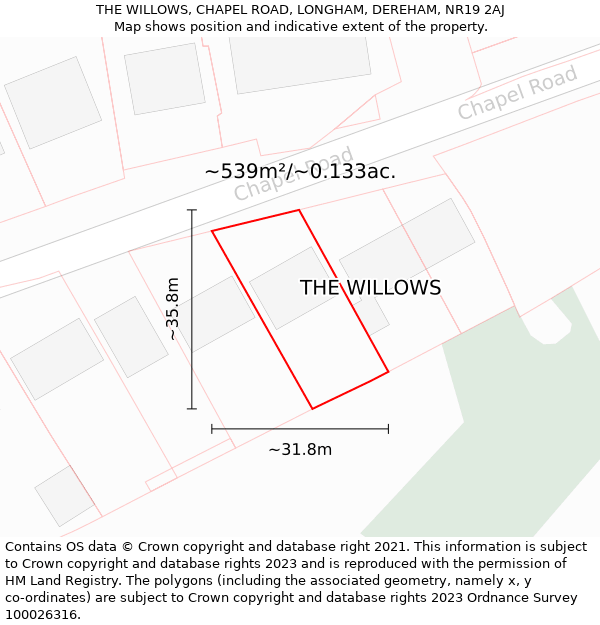 THE WILLOWS, CHAPEL ROAD, LONGHAM, DEREHAM, NR19 2AJ: Plot and title map