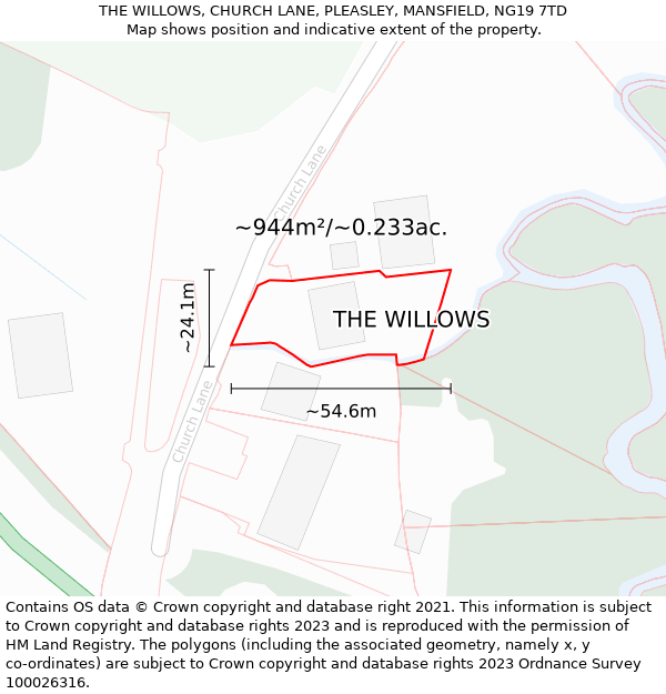 THE WILLOWS, CHURCH LANE, PLEASLEY, MANSFIELD, NG19 7TD: Plot and title map