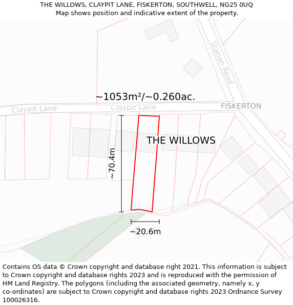 THE WILLOWS, CLAYPIT LANE, FISKERTON, SOUTHWELL, NG25 0UQ: Plot and title map