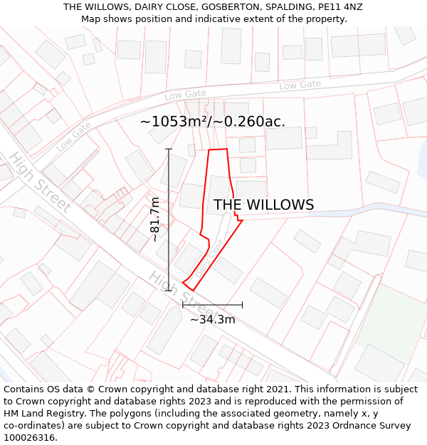 THE WILLOWS, DAIRY CLOSE, GOSBERTON, SPALDING, PE11 4NZ: Plot and title map