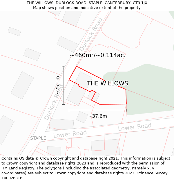 THE WILLOWS, DURLOCK ROAD, STAPLE, CANTERBURY, CT3 1JX: Plot and title map