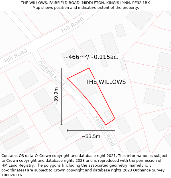 THE WILLOWS, FAIRFIELD ROAD, MIDDLETON, KING'S LYNN, PE32 1RX: Plot and title map