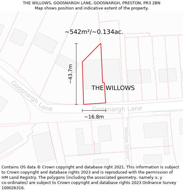 THE WILLOWS, GOOSNARGH LANE, GOOSNARGH, PRESTON, PR3 2BN: Plot and title map