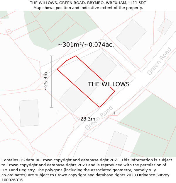 THE WILLOWS, GREEN ROAD, BRYMBO, WREXHAM, LL11 5DT: Plot and title map
