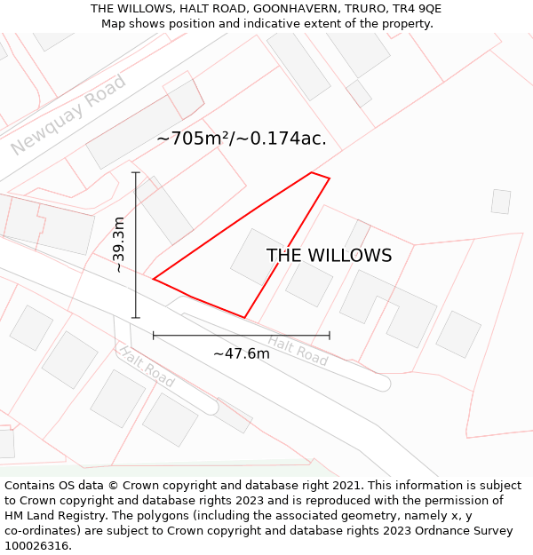 THE WILLOWS, HALT ROAD, GOONHAVERN, TRURO, TR4 9QE: Plot and title map