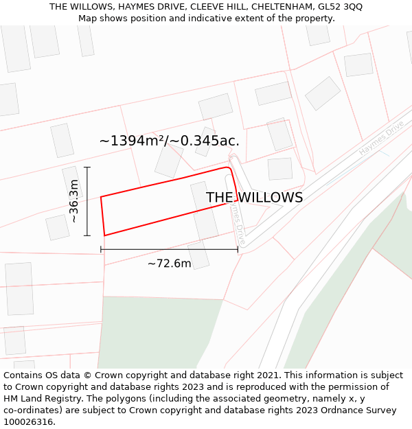 THE WILLOWS, HAYMES DRIVE, CLEEVE HILL, CHELTENHAM, GL52 3QQ: Plot and title map