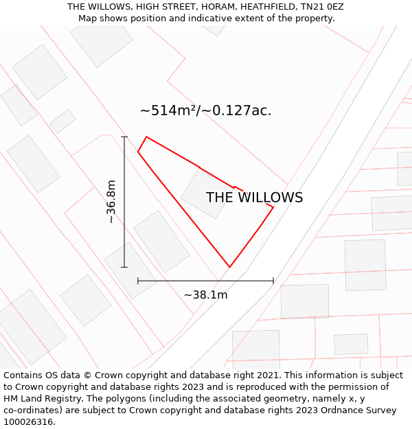 THE WILLOWS, HIGH STREET, HORAM, HEATHFIELD, TN21 0EZ: Plot and title map