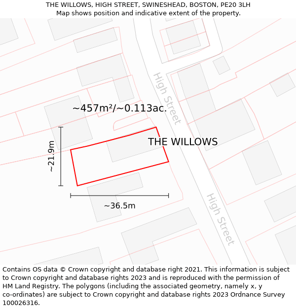 THE WILLOWS, HIGH STREET, SWINESHEAD, BOSTON, PE20 3LH: Plot and title map