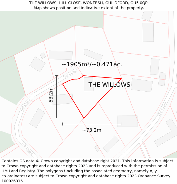 THE WILLOWS, HILL CLOSE, WONERSH, GUILDFORD, GU5 0QP: Plot and title map