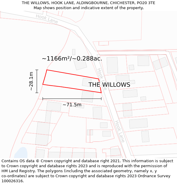 THE WILLOWS, HOOK LANE, ALDINGBOURNE, CHICHESTER, PO20 3TE: Plot and title map