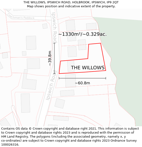 THE WILLOWS, IPSWICH ROAD, HOLBROOK, IPSWICH, IP9 2QT: Plot and title map