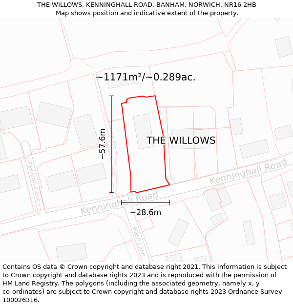 THE WILLOWS, KENNINGHALL ROAD, BANHAM, NORWICH, NR16 2HB: Plot and title map