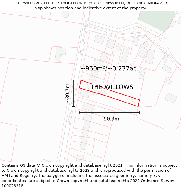THE WILLOWS, LITTLE STAUGHTON ROAD, COLMWORTH, BEDFORD, MK44 2LB: Plot and title map