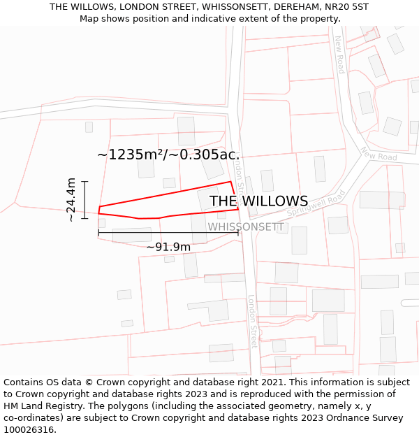 THE WILLOWS, LONDON STREET, WHISSONSETT, DEREHAM, NR20 5ST: Plot and title map