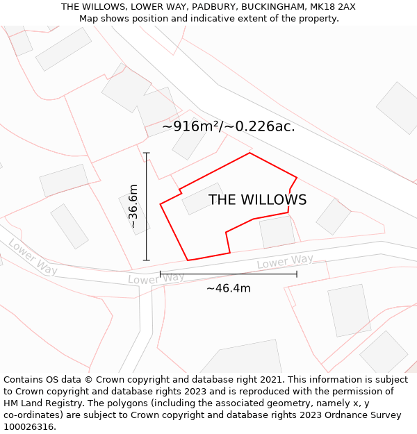 THE WILLOWS, LOWER WAY, PADBURY, BUCKINGHAM, MK18 2AX: Plot and title map