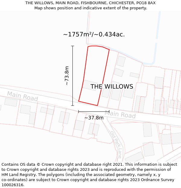 THE WILLOWS, MAIN ROAD, FISHBOURNE, CHICHESTER, PO18 8AX: Plot and title map