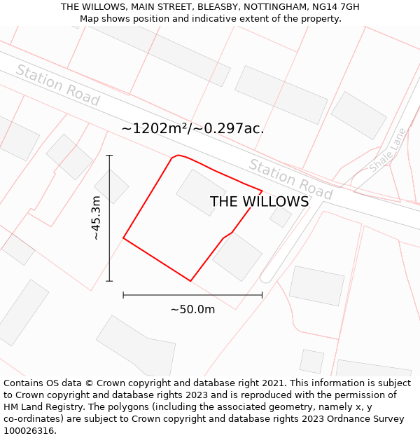 THE WILLOWS, MAIN STREET, BLEASBY, NOTTINGHAM, NG14 7GH: Plot and title map