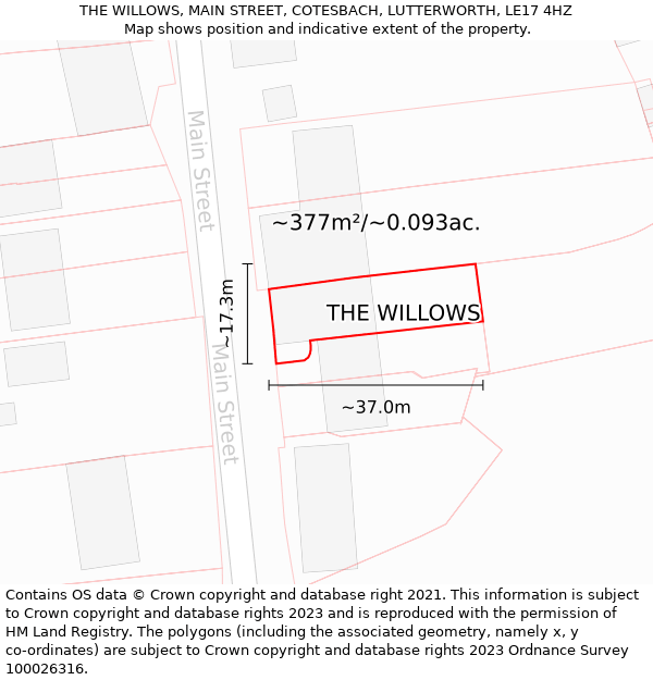 THE WILLOWS, MAIN STREET, COTESBACH, LUTTERWORTH, LE17 4HZ: Plot and title map