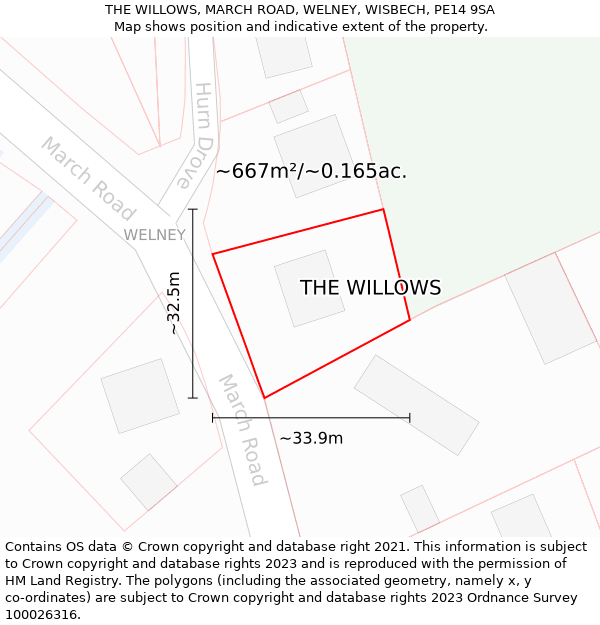 THE WILLOWS, MARCH ROAD, WELNEY, WISBECH, PE14 9SA: Plot and title map