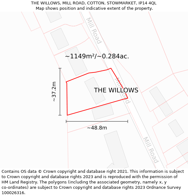 THE WILLOWS, MILL ROAD, COTTON, STOWMARKET, IP14 4QL: Plot and title map