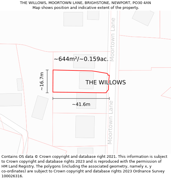 THE WILLOWS, MOORTOWN LANE, BRIGHSTONE, NEWPORT, PO30 4AN: Plot and title map