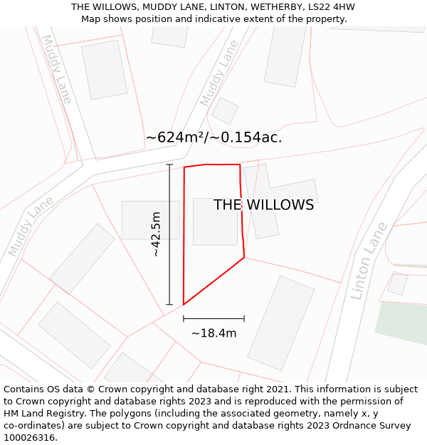 THE WILLOWS, MUDDY LANE, LINTON, WETHERBY, LS22 4HW: Plot and title map