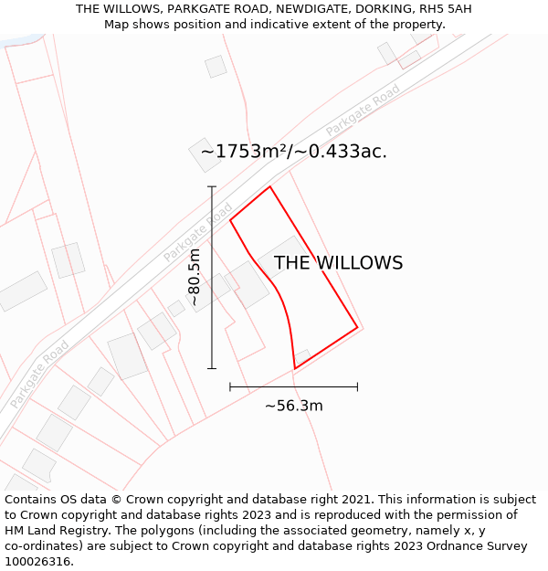 THE WILLOWS, PARKGATE ROAD, NEWDIGATE, DORKING, RH5 5AH: Plot and title map