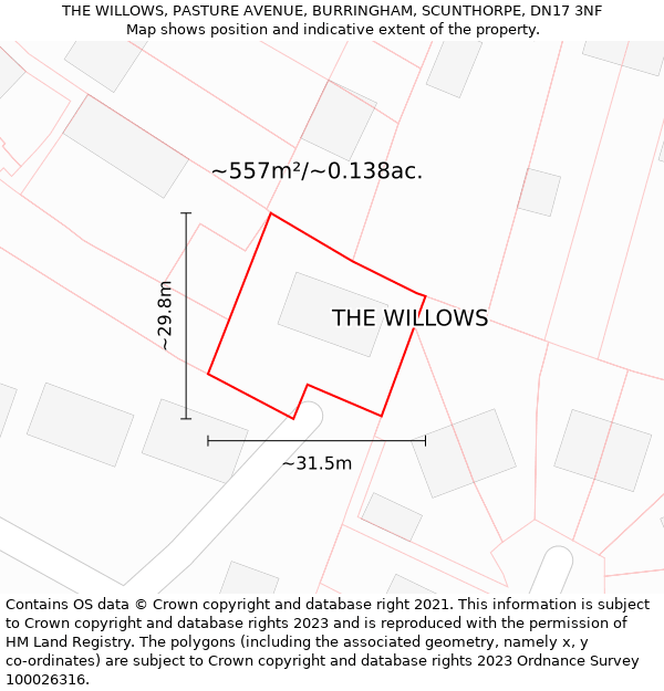 THE WILLOWS, PASTURE AVENUE, BURRINGHAM, SCUNTHORPE, DN17 3NF: Plot and title map