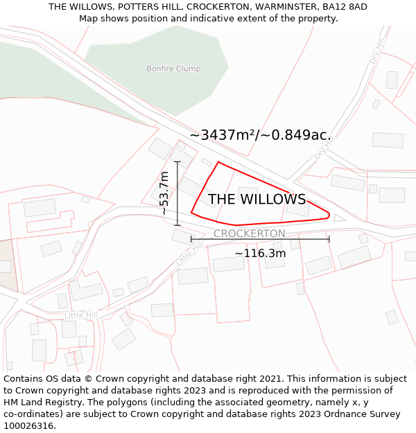 THE WILLOWS, POTTERS HILL, CROCKERTON, WARMINSTER, BA12 8AD: Plot and title map