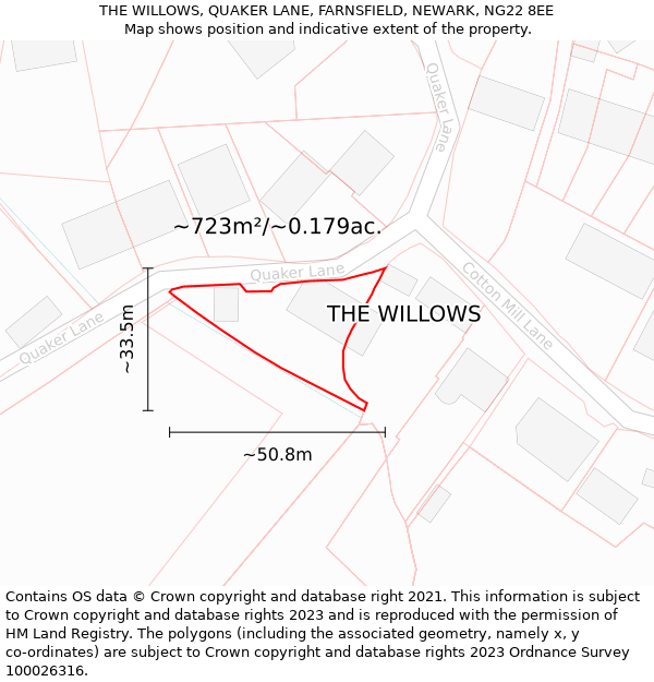 THE WILLOWS, QUAKER LANE, FARNSFIELD, NEWARK, NG22 8EE: Plot and title map