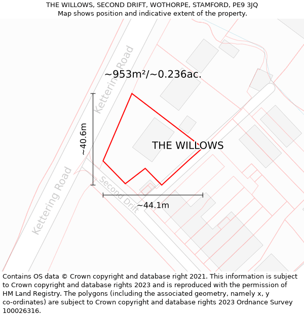 THE WILLOWS, SECOND DRIFT, WOTHORPE, STAMFORD, PE9 3JQ: Plot and title map