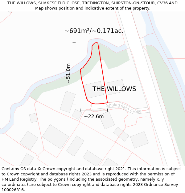 THE WILLOWS, SHAKESFIELD CLOSE, TREDINGTON, SHIPSTON-ON-STOUR, CV36 4ND: Plot and title map