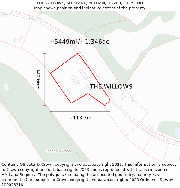 THE WILLOWS, SLIP LANE, ALKHAM, DOVER, CT15 7DD: Plot and title map