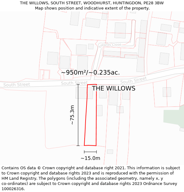 THE WILLOWS, SOUTH STREET, WOODHURST, HUNTINGDON, PE28 3BW: Plot and title map