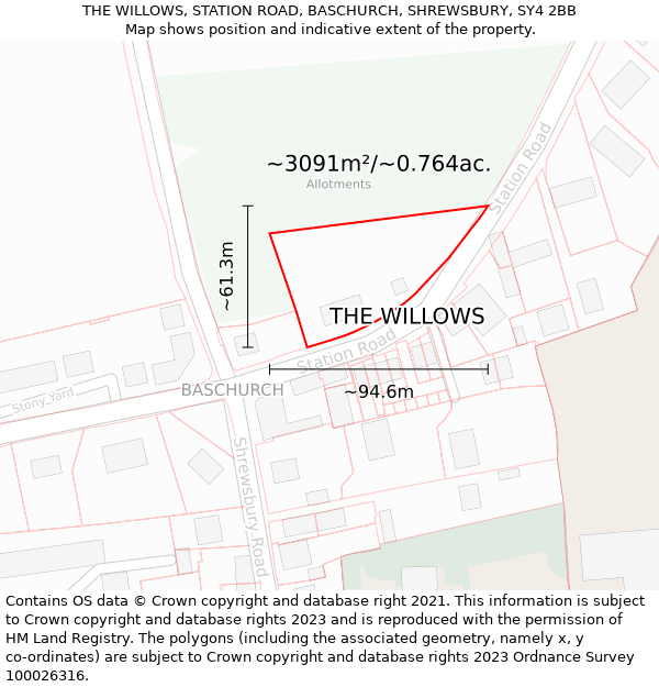 THE WILLOWS, STATION ROAD, BASCHURCH, SHREWSBURY, SY4 2BB: Plot and title map
