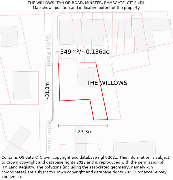 THE WILLOWS, TAYLOR ROAD, MINSTER, RAMSGATE, CT12 4DL: Plot and title map
