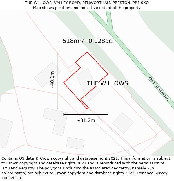 THE WILLOWS, VALLEY ROAD, PENWORTHAM, PRESTON, PR1 9XQ: Plot and title map