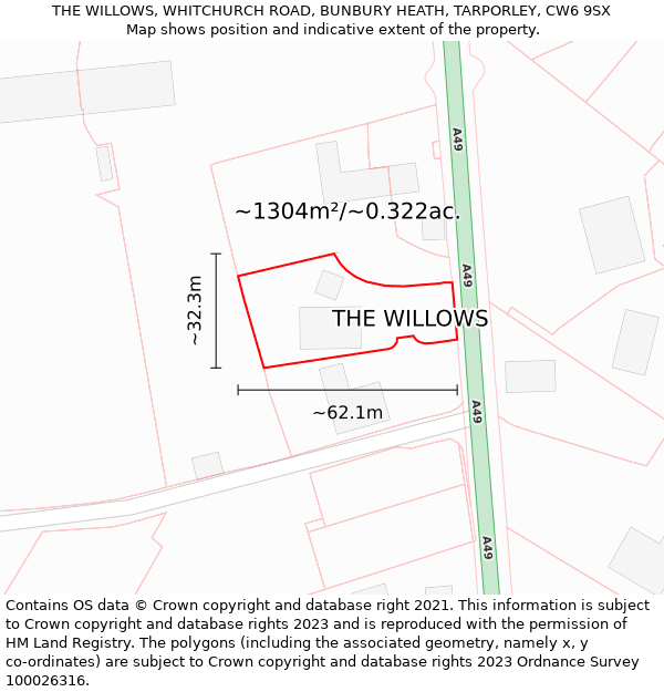 THE WILLOWS, WHITCHURCH ROAD, BUNBURY HEATH, TARPORLEY, CW6 9SX: Plot and title map
