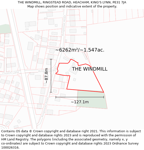 THE WINDMILL, RINGSTEAD ROAD, HEACHAM, KING'S LYNN, PE31 7JA: Plot and title map
