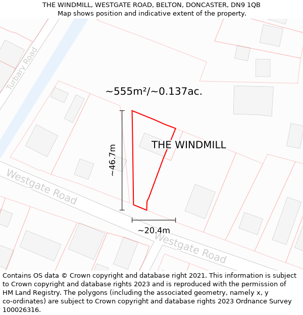 THE WINDMILL, WESTGATE ROAD, BELTON, DONCASTER, DN9 1QB: Plot and title map