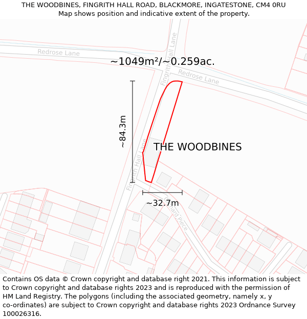 THE WOODBINES, FINGRITH HALL ROAD, BLACKMORE, INGATESTONE, CM4 0RU: Plot and title map