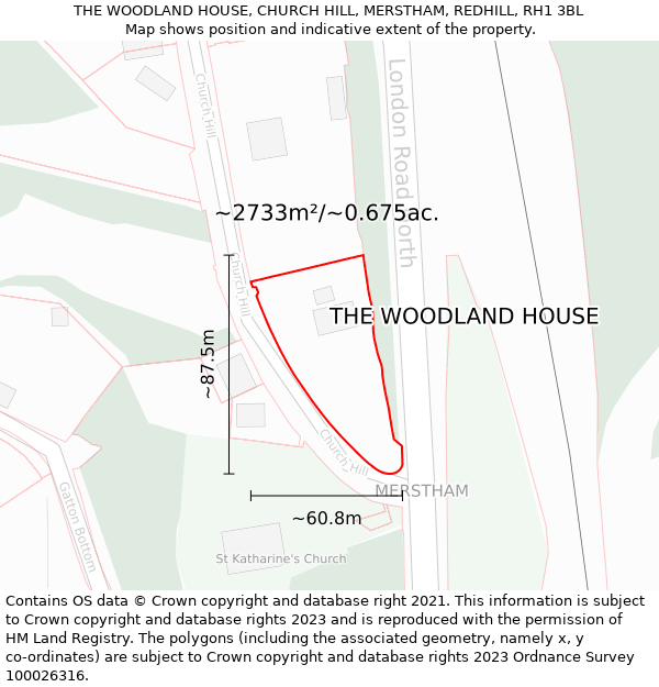 THE WOODLAND HOUSE, CHURCH HILL, MERSTHAM, REDHILL, RH1 3BL: Plot and title map