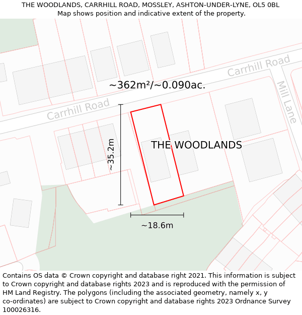 THE WOODLANDS, CARRHILL ROAD, MOSSLEY, ASHTON-UNDER-LYNE, OL5 0BL: Plot and title map