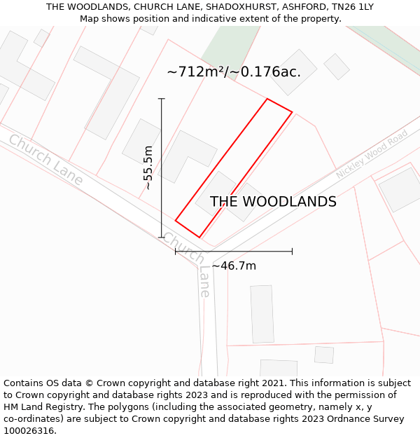 THE WOODLANDS, CHURCH LANE, SHADOXHURST, ASHFORD, TN26 1LY: Plot and title map