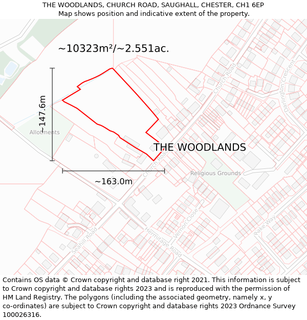 THE WOODLANDS, CHURCH ROAD, SAUGHALL, CHESTER, CH1 6EP: Plot and title map